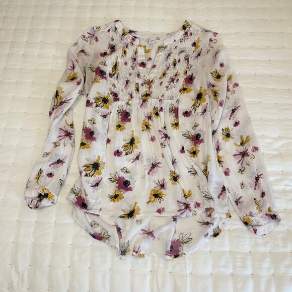 Lucky Brand Women’s M Peasant Blouse Top | White Floral Long Sleeve Boho - Picture 5 of 13